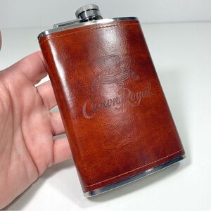 Crown Royal 8 oz Stainless Steel Whiskey Brown Faux Leather Wrapped Hip Flask
